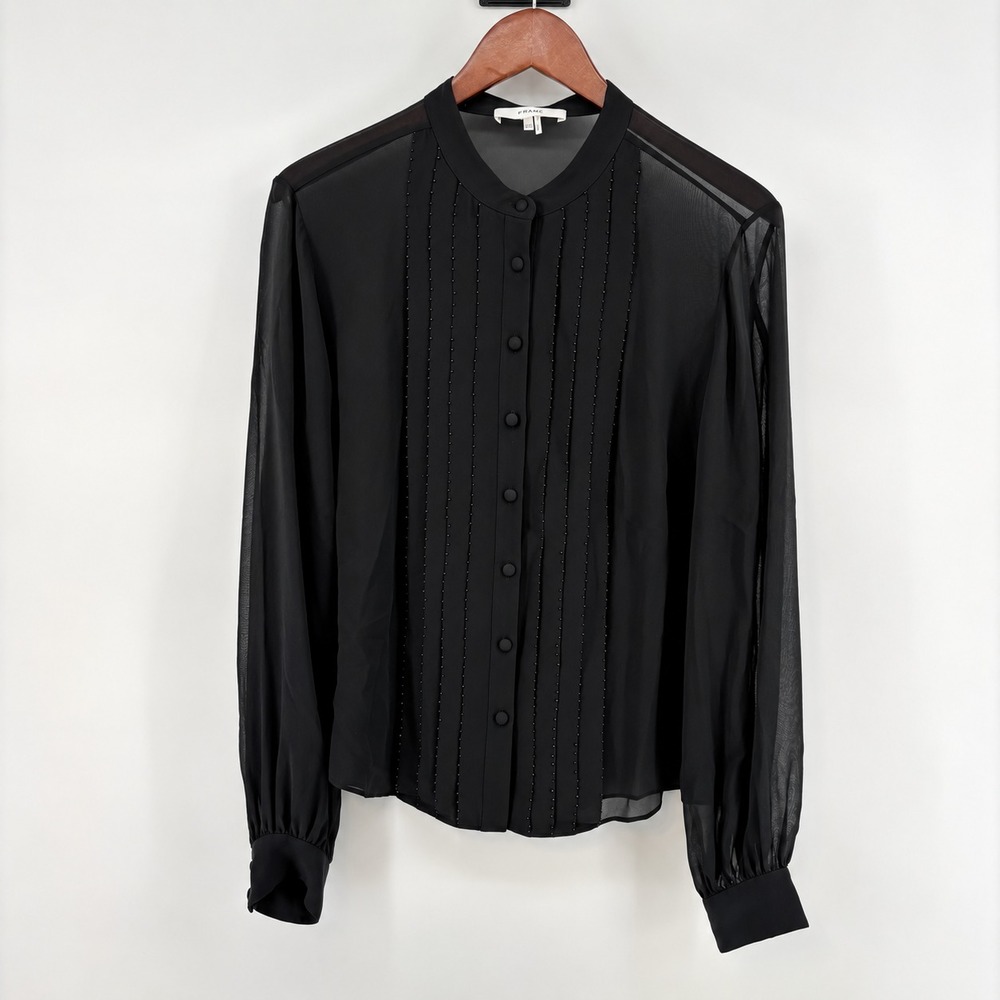 FRAME Beaded Collarless Silk Blouse L Black Sheer Tuxedo Glam
